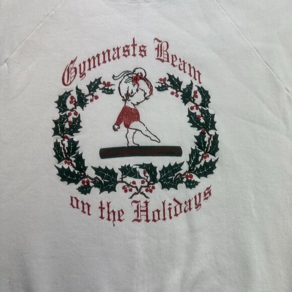 Vintage Christmas Sweatshirt Womens Large L White Gymnasts Beam on The Holidays - Picture 3 of 13